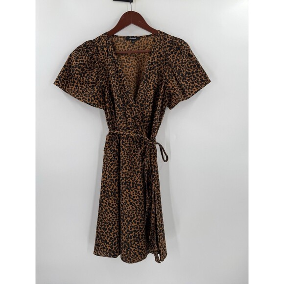 Women's - Madewell Painted Leopard Flutter Sleeve Wrap Mini Dress Size SMALL - Picture 5 of 12